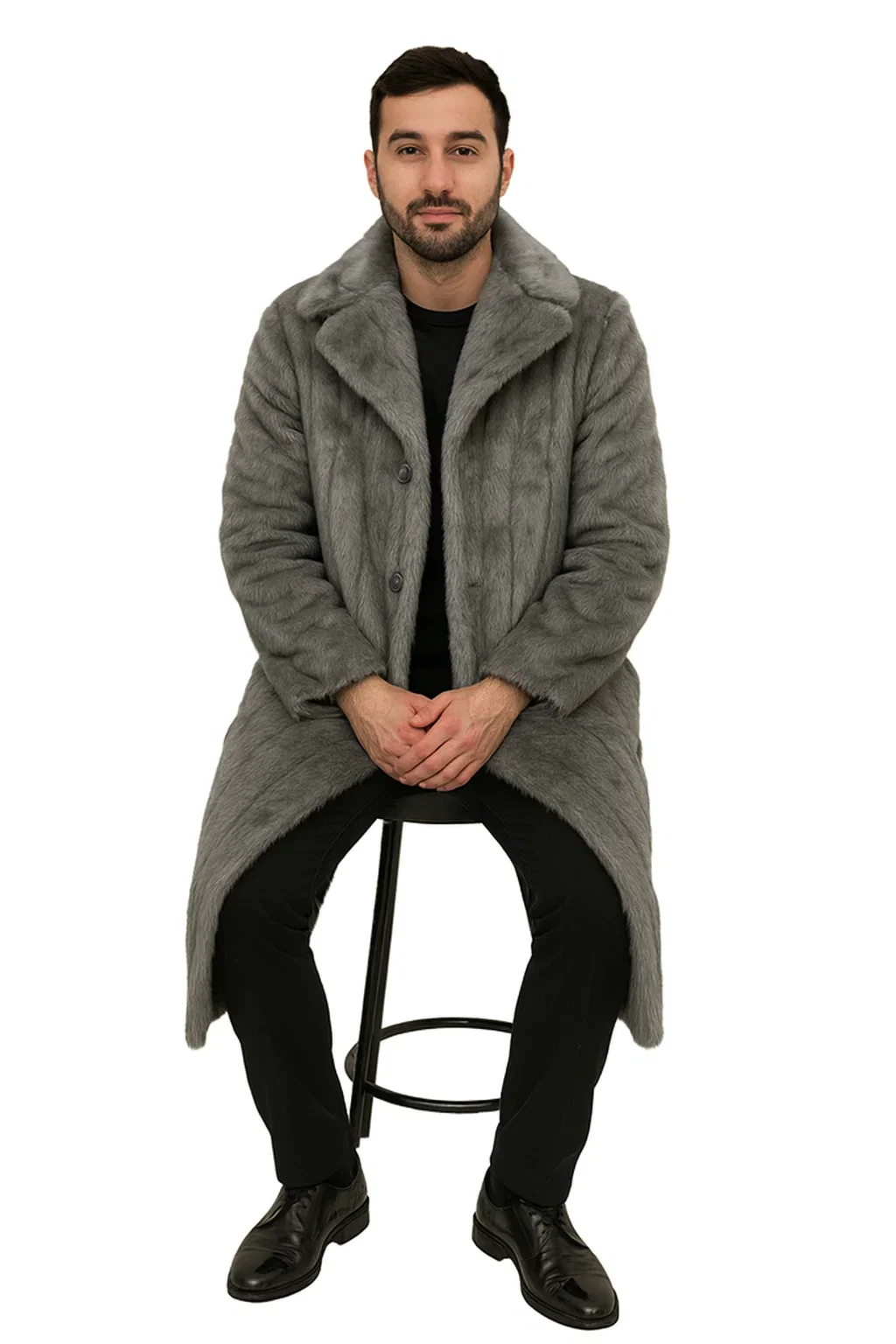 Mens Long Full Length Faur Fur Coat in Grey - Image 4