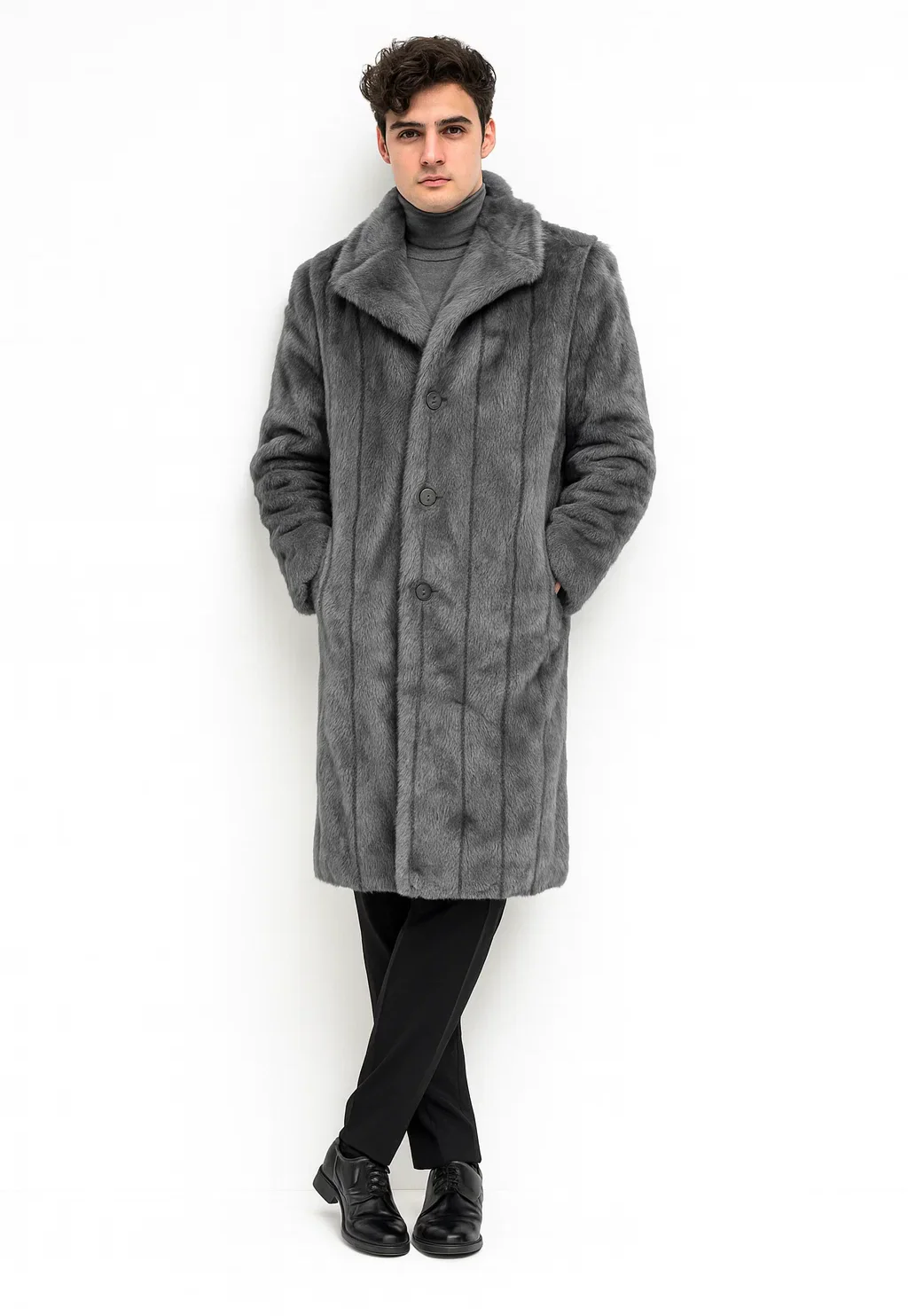 Mens Long Full Length Faur Fur Coat in Grey - Image 5