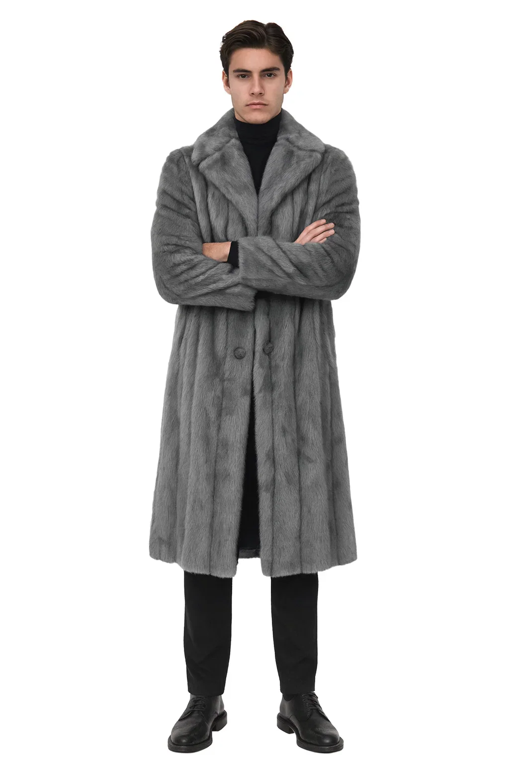 Mens Long Full Length Faur Fur Coat in Grey - Image 6