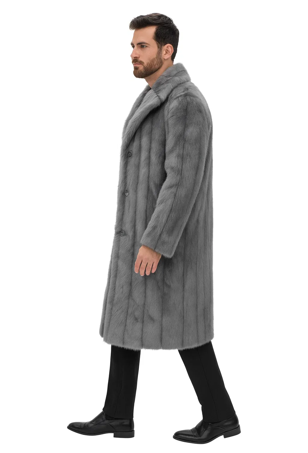 Mens Long Full Length Faur Fur Coat in Grey - Image 7