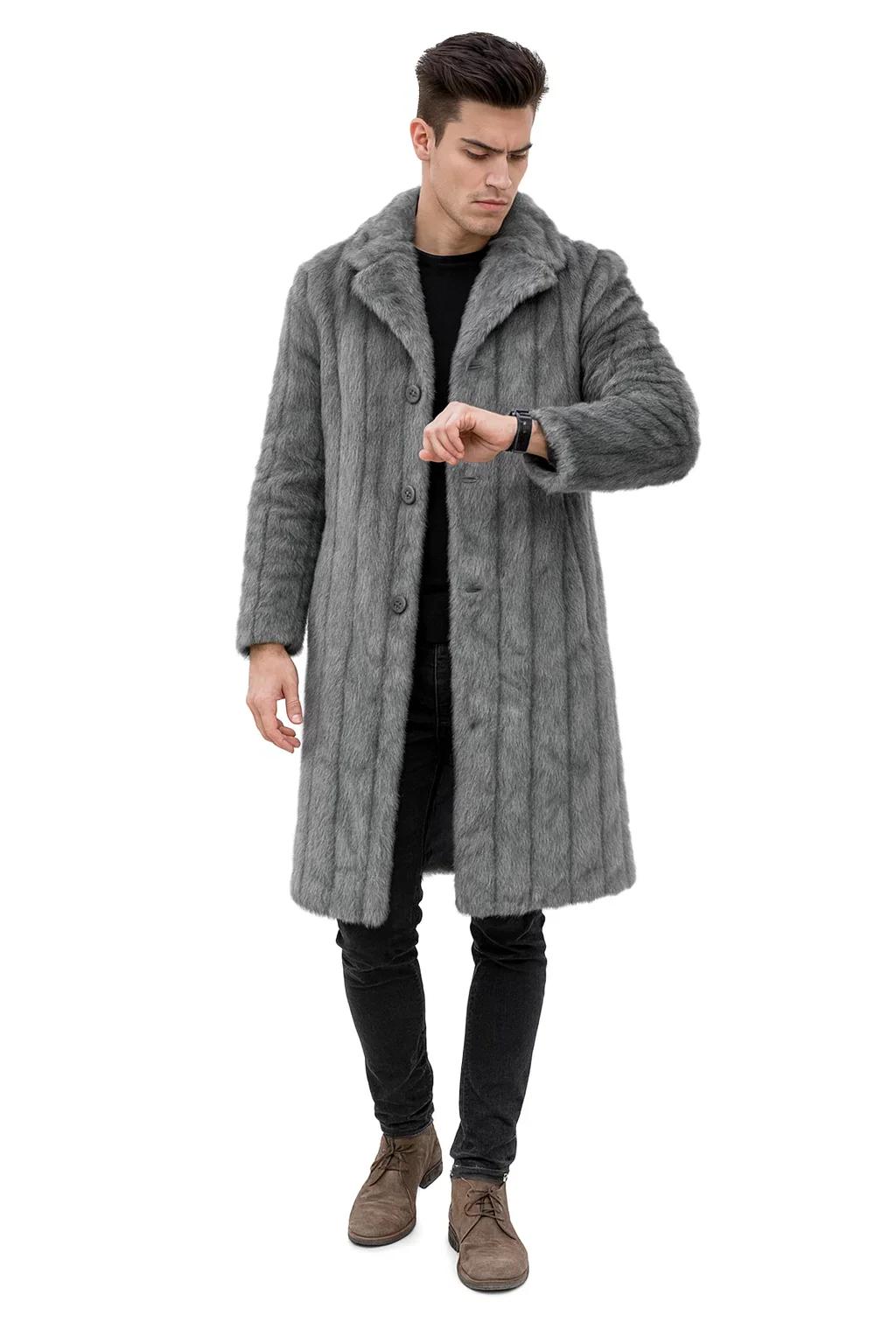 Mens Long Full Length Faur Fur Coat in Grey - Image 8
