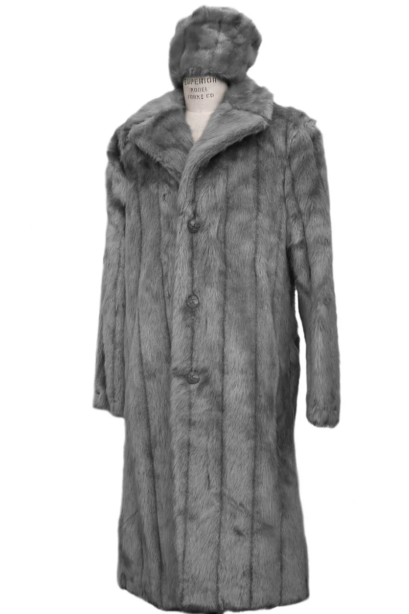 Mens Long Full Length Faur Fur Coat in Grey - Image 9