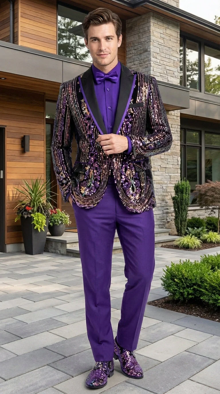Mens Mardi Gra Black and Purple and Gold Sequin Tuxedo Jacket Set – Designer with Floral Pattern Jacket Formal Wedding Party Wear Bowtie - Image 12