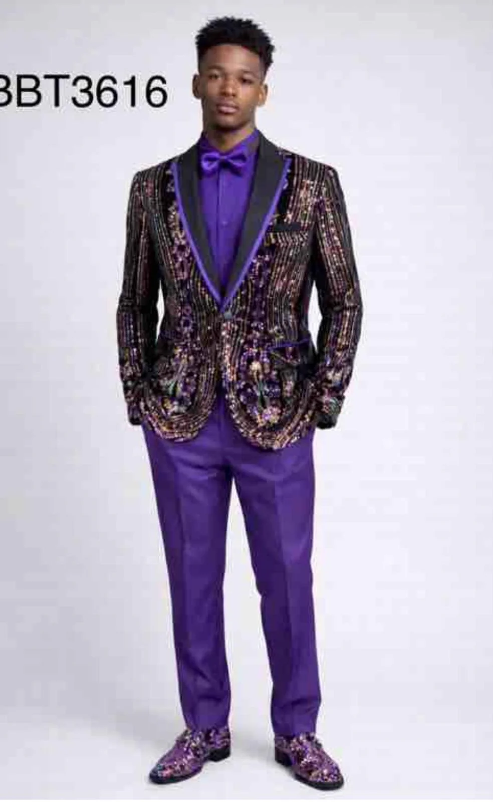 Mens Mardi Gra Black and Purple and Gold Sequin Tuxedo Jacket Set – Designer with Floral Pattern Jacket Formal Wedding Party Wear Bowtie - Image 13