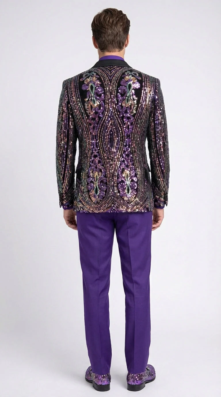 Mens Mardi Gra Black and Purple and Gold Sequin Tuxedo Jacket Set – Designer with Floral Pattern Jacket Formal Wedding Party Wear Bowtie - Image 2