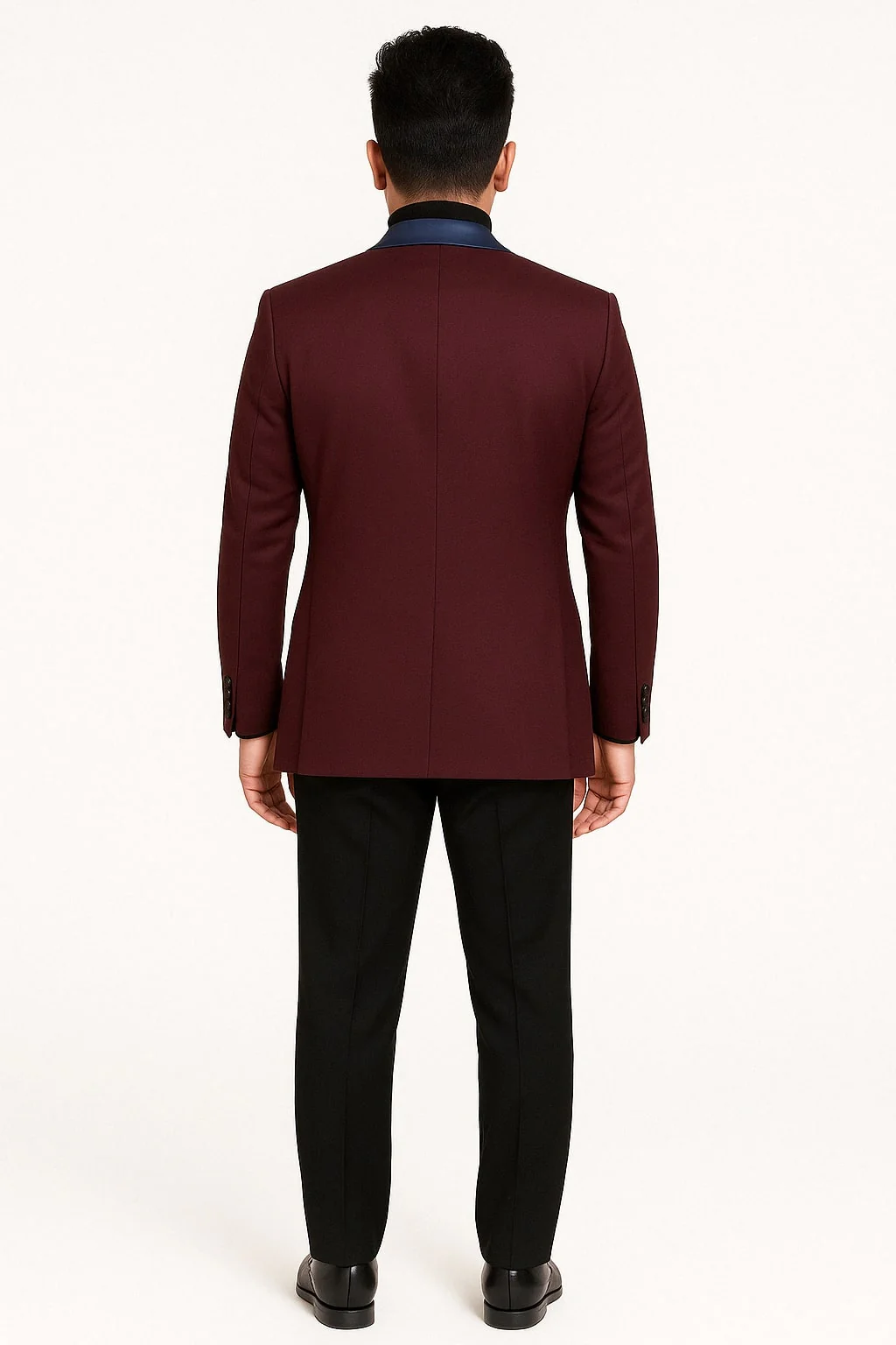 Mens Maroon Tuxedo Jacket with Blue Satin Shawl Lapel – Slim Fit Formal Blazer in Burgundy and Navy Blue - Image 3