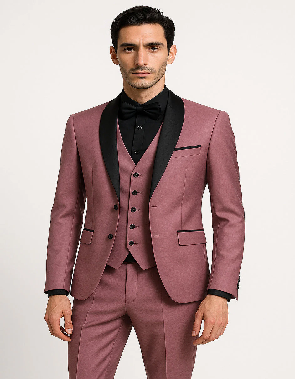 Men's Mauve Pink Tuxedo Suit ƒ?? 3-Piece Slim Fit with Black Satin Shawl Lapel - Image 6