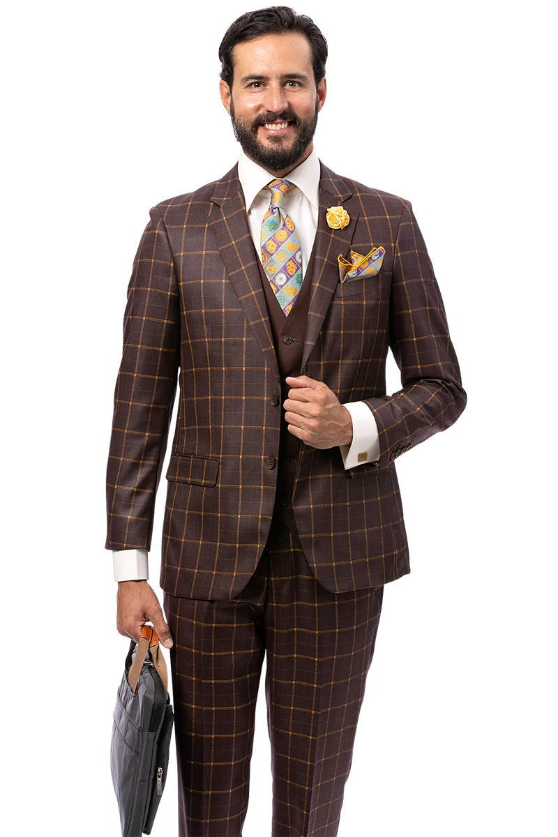Men's Moder Fit Vested Suit in Dark Brown Windowpane Plaid - Image 2