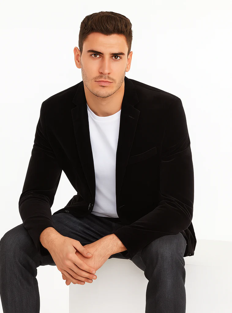 Mens Modern Fit 2 Button Velvet Blazer in Black - Image 4