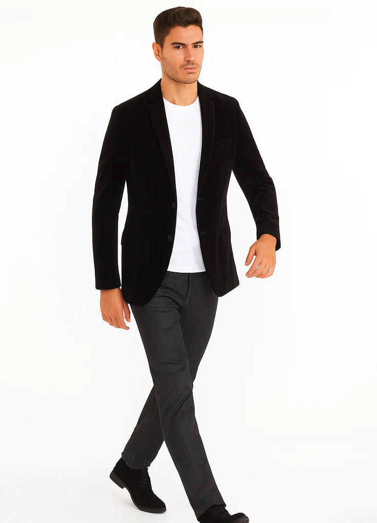 Mens Modern Fit 2 Button Velvet Blazer in Black - Image 5