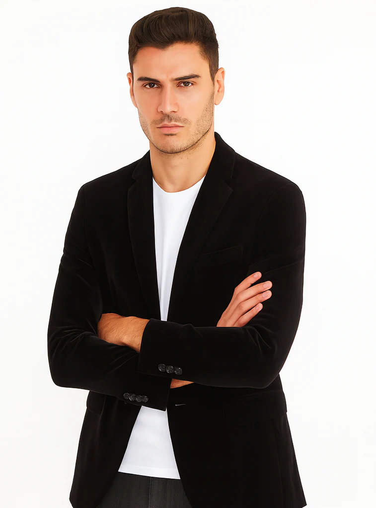 Mens Modern Fit 2 Button Velvet Blazer in Black - Image 6
