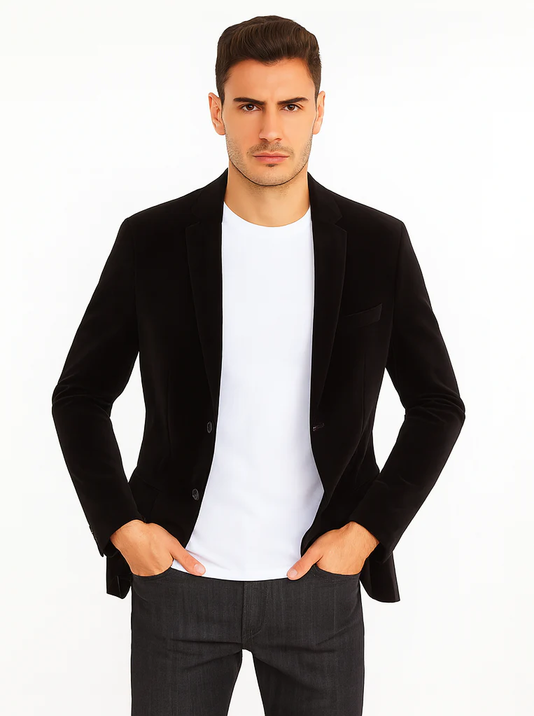 Mens Modern Fit 2 Button Velvet Blazer in Black - Image 7