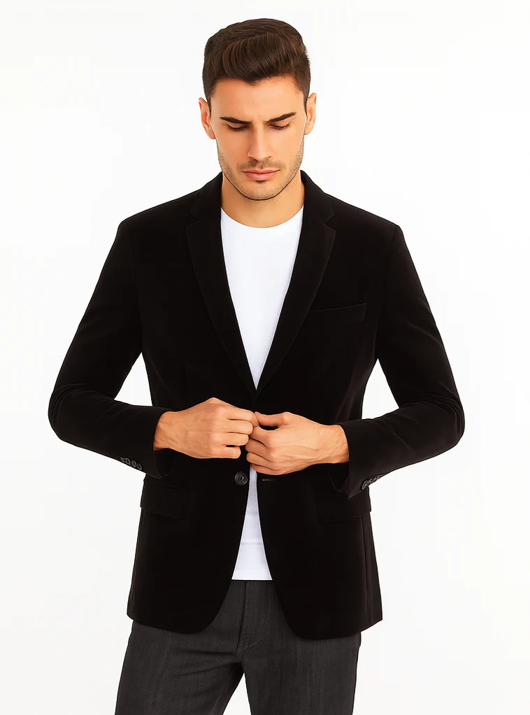 Mens Modern Fit 2 Button Velvet Blazer in Black - Image 8