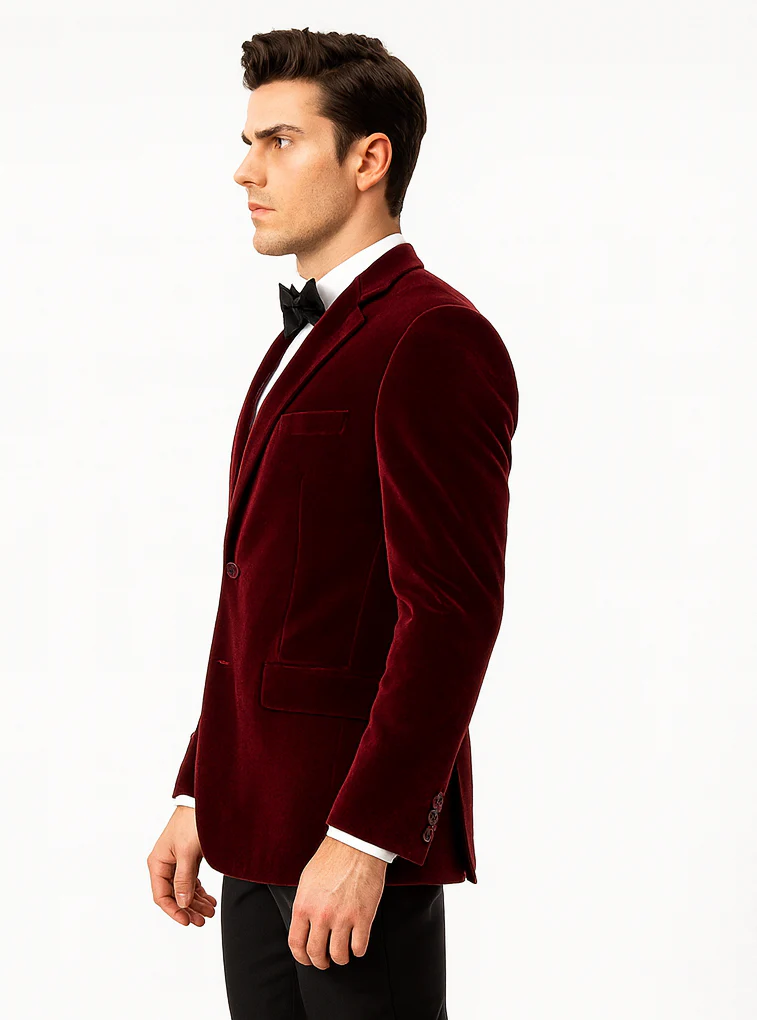 Mens Modern Fit 2 Button Velvet Blazer in Burgundy - Image 3