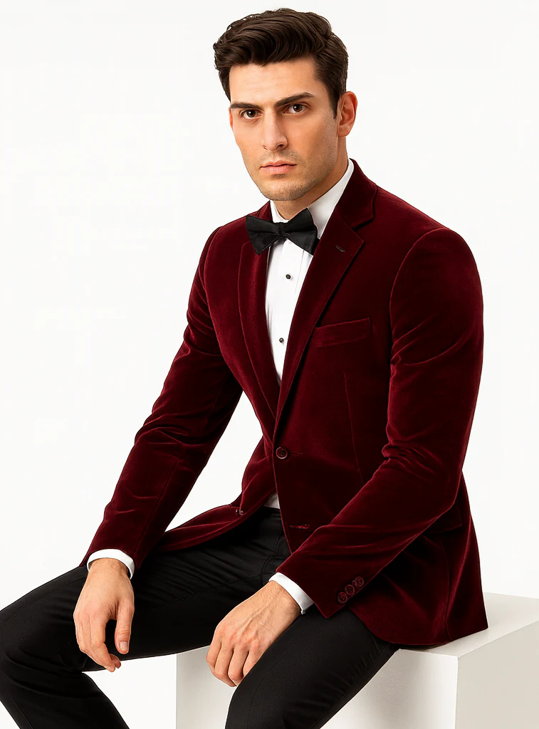 Mens Modern Fit 2 Button Velvet Blazer in Burgundy - Image 4