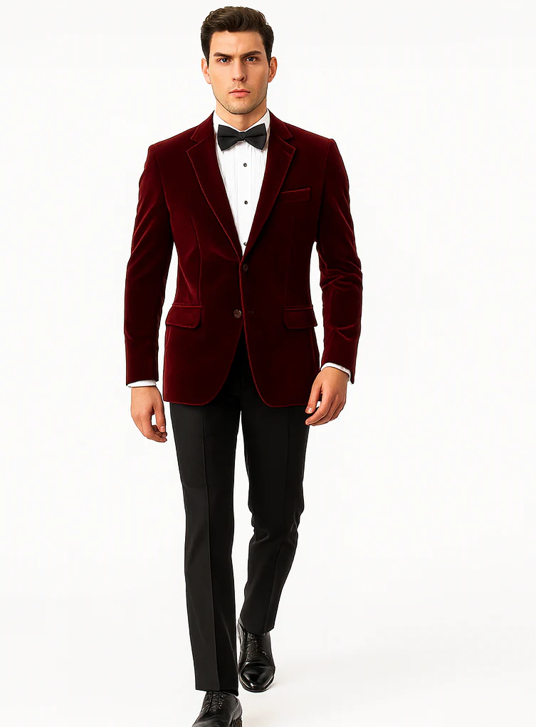 Mens Modern Fit 2 Button Velvet Blazer in Burgundy - Image 5