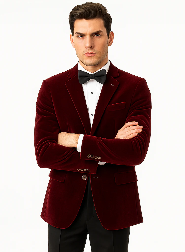 Mens Modern Fit 2 Button Velvet Blazer in Burgundy - Image 6