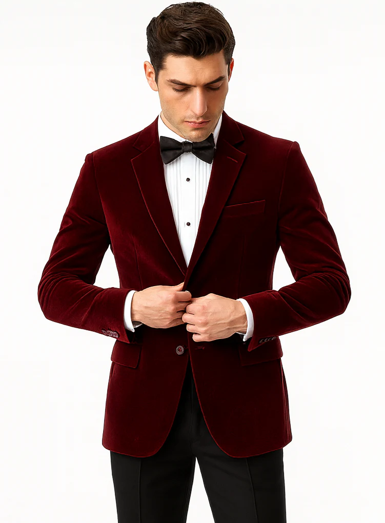 Mens Modern Fit 2 Button Velvet Blazer in Burgundy - Image 7