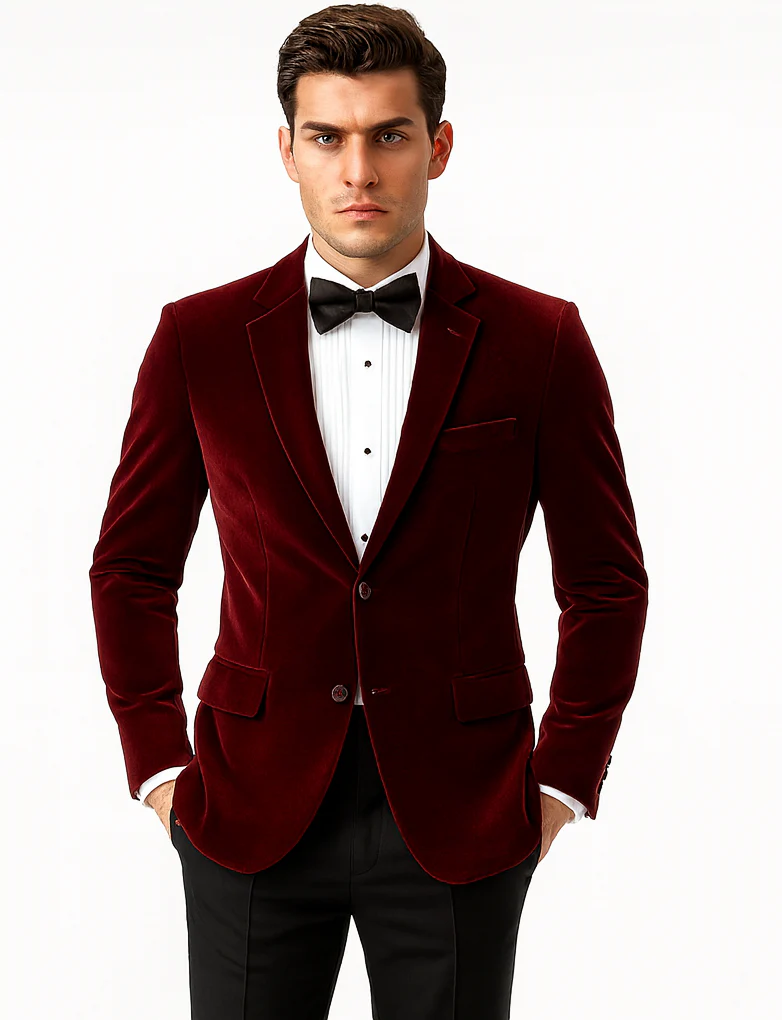 Mens Modern Fit 2 Button Velvet Blazer in Burgundy - Image 8