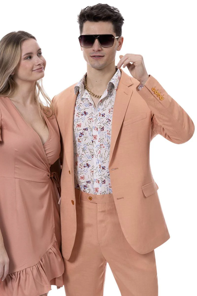 EJ Samuel Men's Modern Fit Coral Linen Suit – Summery Chic Style