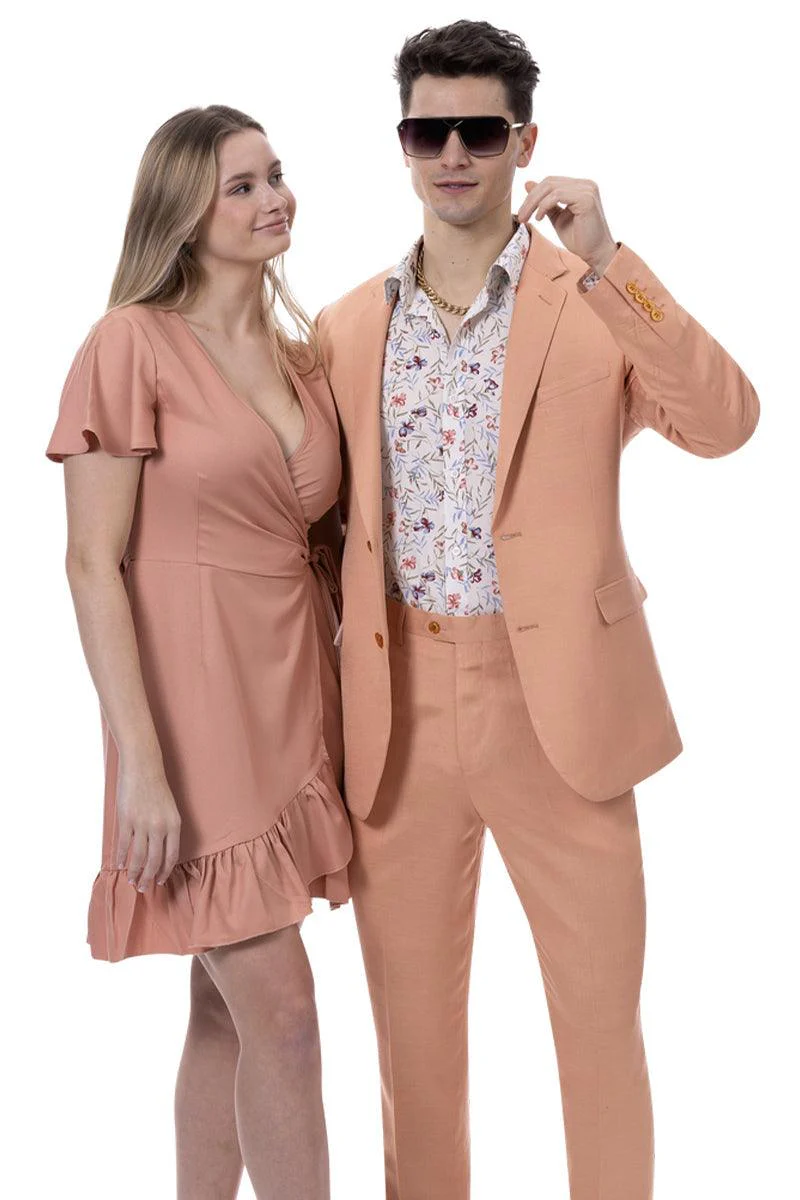 EJ Samuel Men's Modern Fit Coral Linen Suit – Summery Chic Style - Image 2