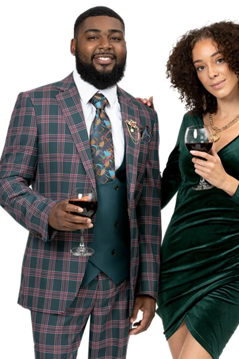 EJ Samuel Forest Green Double-Breasted Vest Suit with Red Windowpane Plaid - Modern Fit