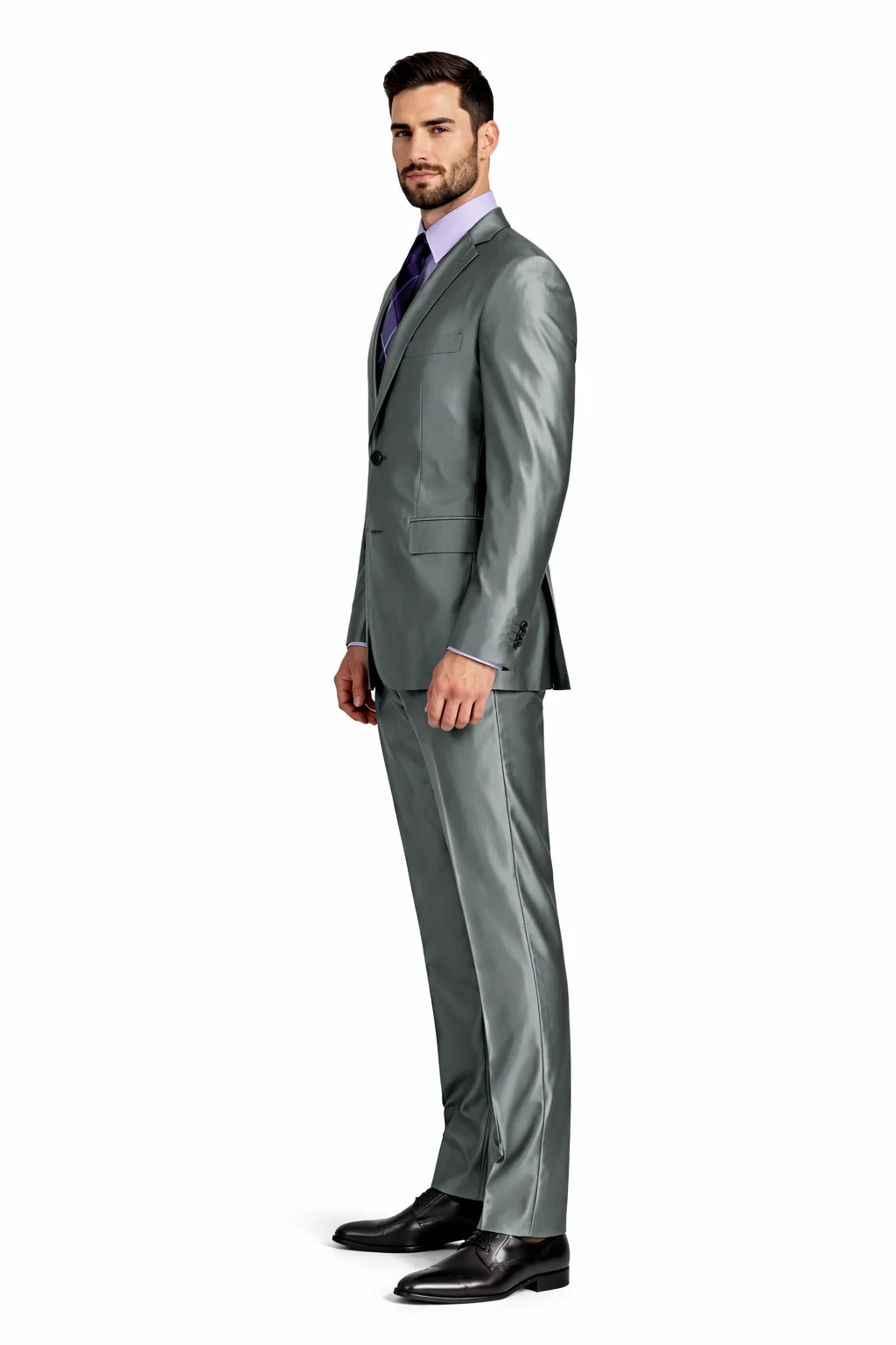 Mens Modern Fit Shiny Sharkskin Suit in Silver Grey - Image 9