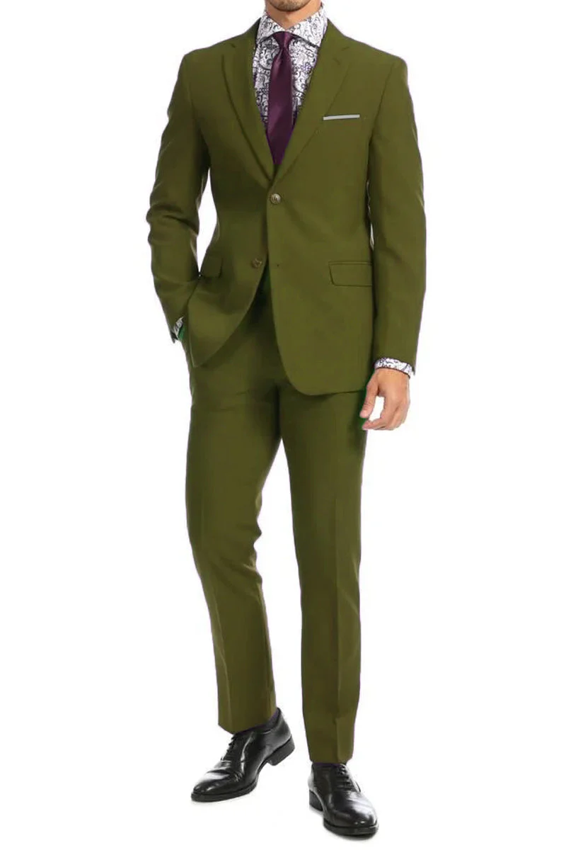 Apollo King "Classic Fit Men's Three Button Poplin Suit - Olive Green"