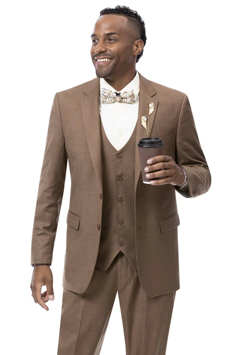 Modern Fit Two Button Vested Sharkskin Business Suit by EJ Samuel | Rust Brown