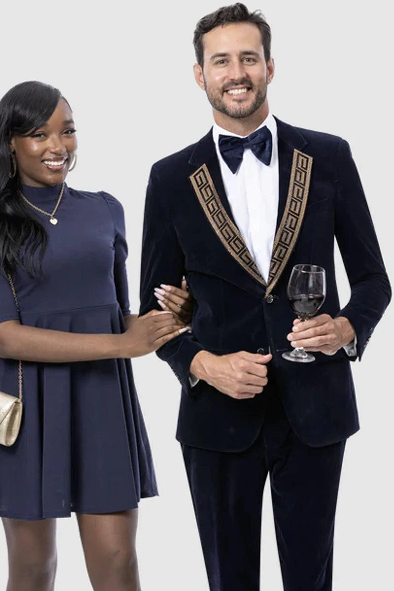 EJ Samuel Men's Navy Blue Modern Fit Velvet Sequin Lapel Tuxedo Suit