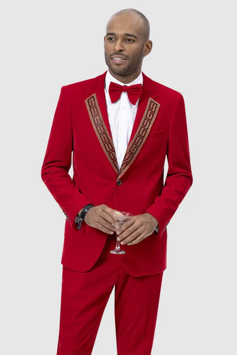 "EJ Samuel Red Velvet Tuxedo Suit with Gold Sequin Lapel - Modern Fit"