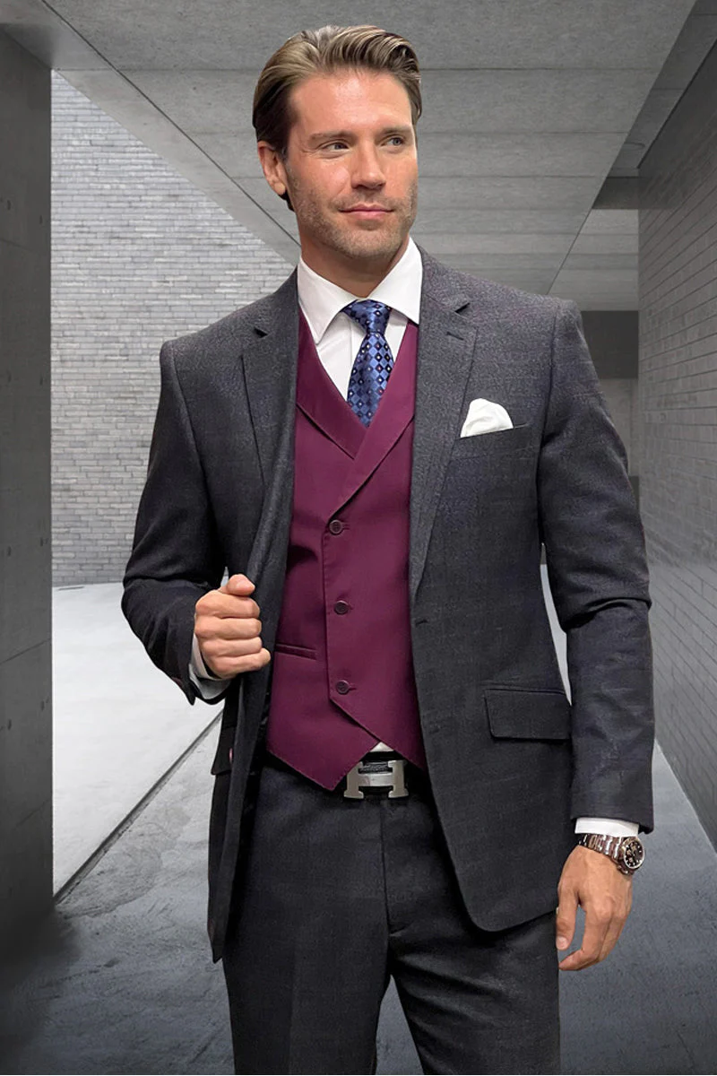 Men's Modern Fit Wool & Cashmere Plaid Business Suit in Charcoal Grey