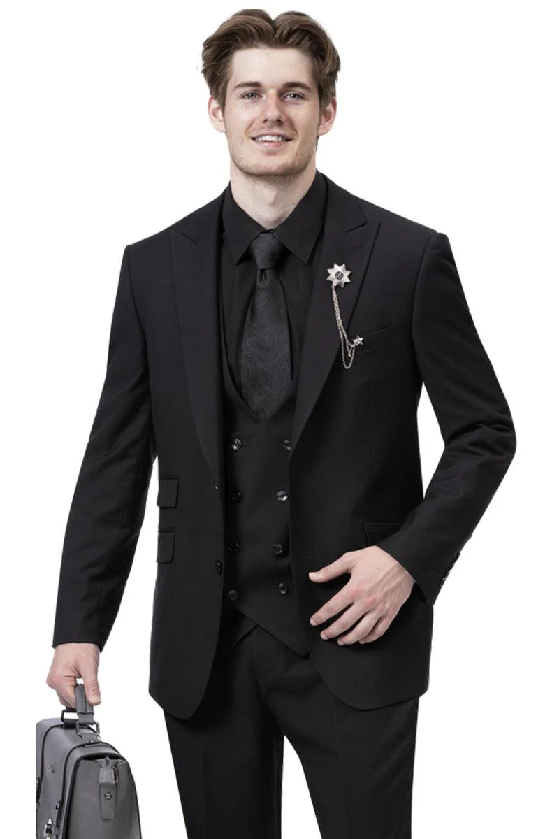 EJ Samuel Men's Black 2-Button Vested Suit with Double-Breasted Vest