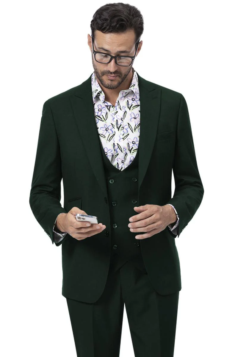 EJ Samuel Hunter Green 2-Button Suit w/ Peaked Lapel & Double Breasted Vest