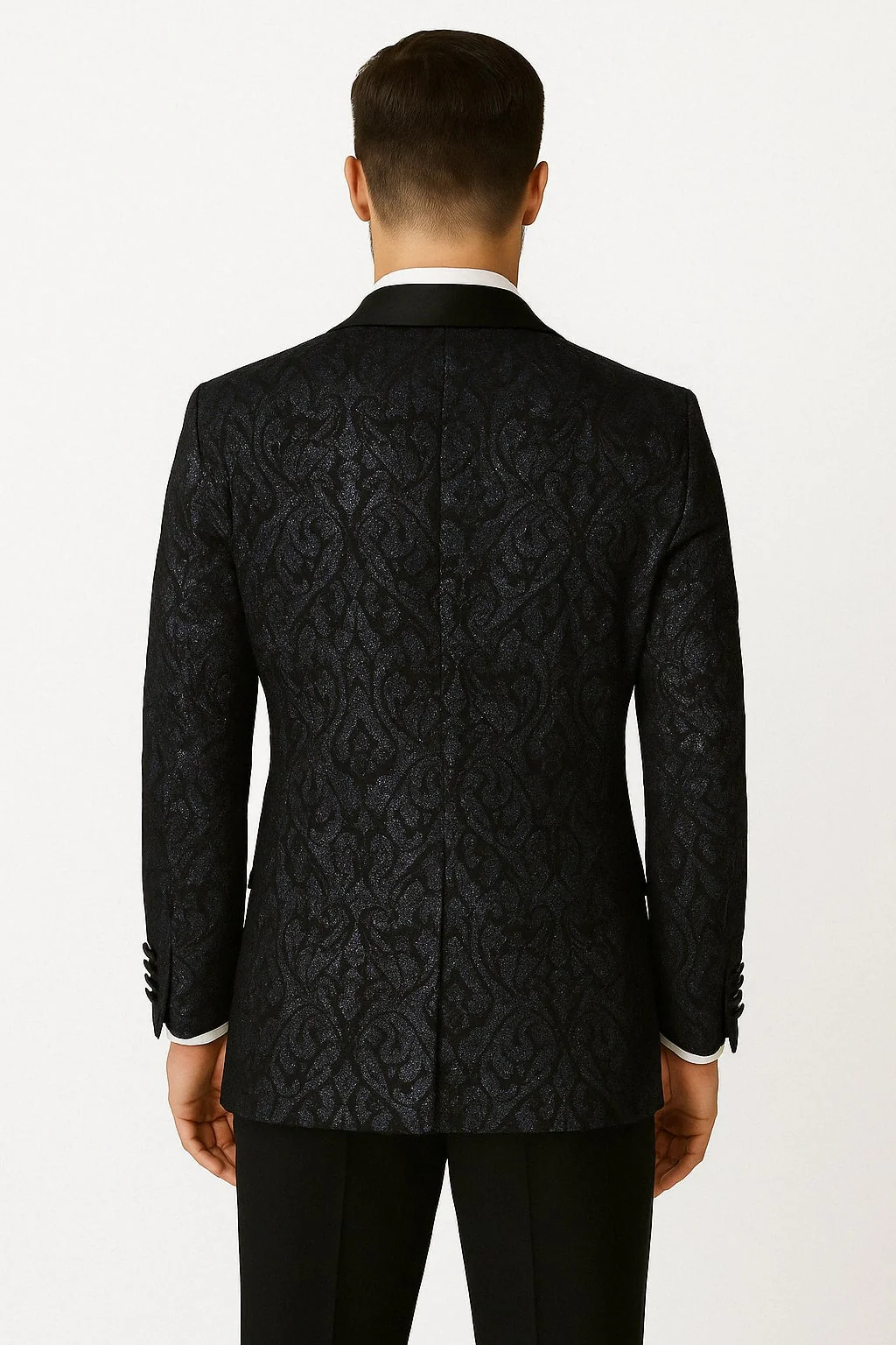 Mens Navy Black Glitter Floral Tuxedo Dinner Jacket with Satin Lapel- Blue Blazer Sequin Fabric - Image 2