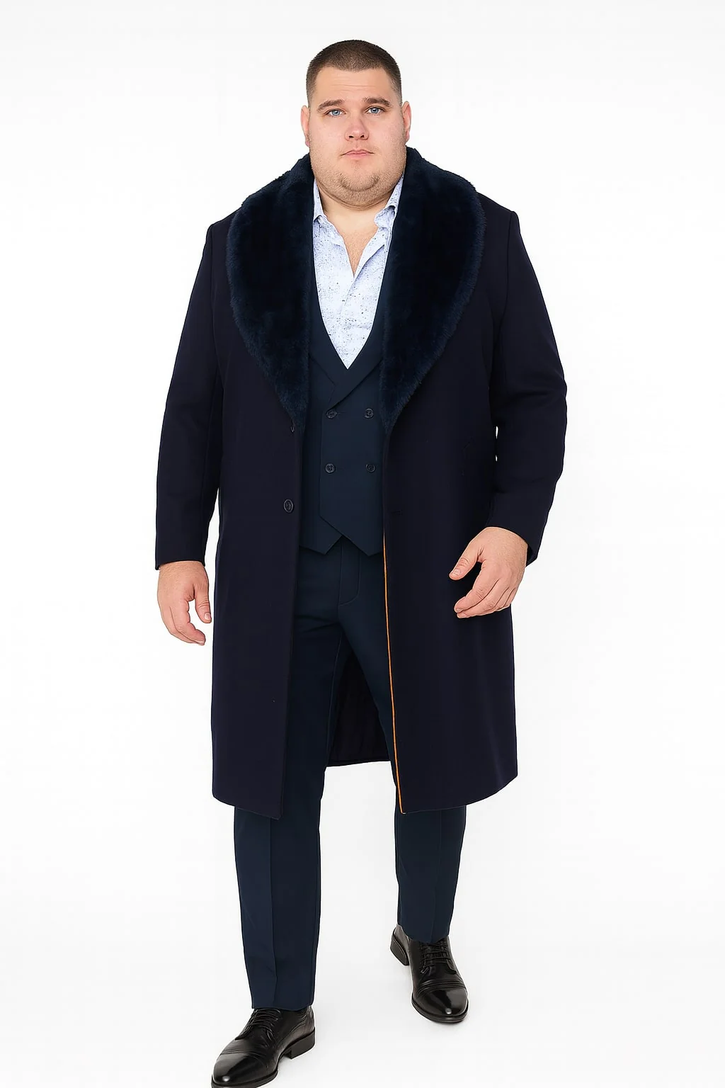 Mens Navy Blue Overcoat with Faux Fur Collar – Luxury Long Winter Coat for Formal and Casual Wear Topcoat - Image 3