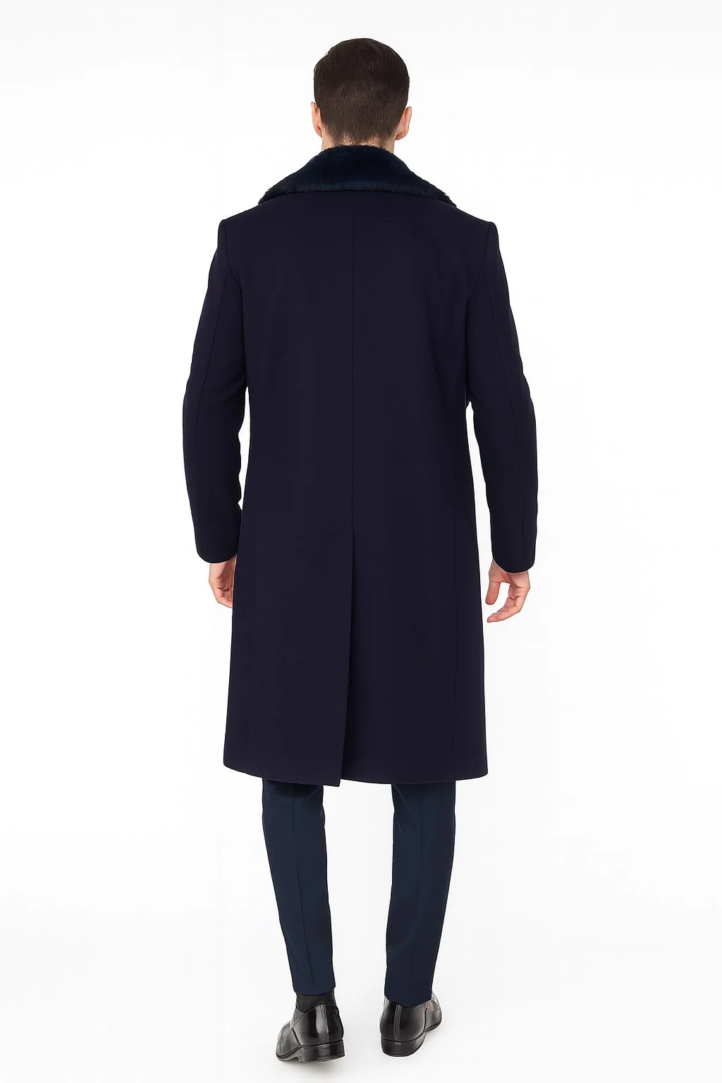 Mens Navy Blue Overcoat with Faux Fur Collar – Luxury Long Winter Coat for Formal and Casual Wear Topcoat - Image 4