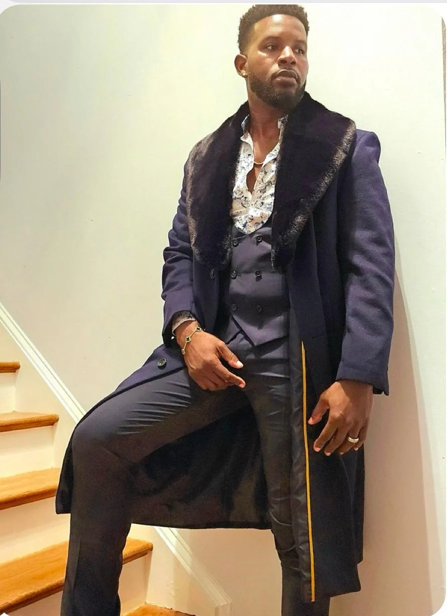 Mens Navy Blue Overcoat with Faux Fur Collar – Luxury Long Winter Coat for Formal and Casual Wear Topcoat - Image 5