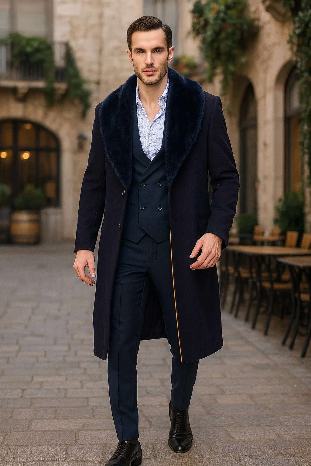 Mens Navy Blue Overcoat with Faux Fur Collar – Luxury Long Winter Coat for Formal and Casual Wear Topcoat - Image 6