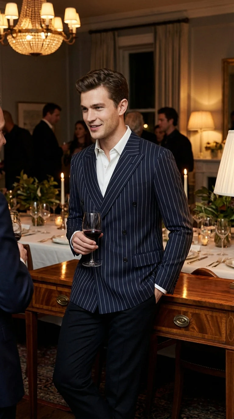 Mens Navy Blue Pinstripe Double Breasted Blazer Sport Coat – Classic Formal Business Jacket for Party and Smart Casual Wear - Image 12
