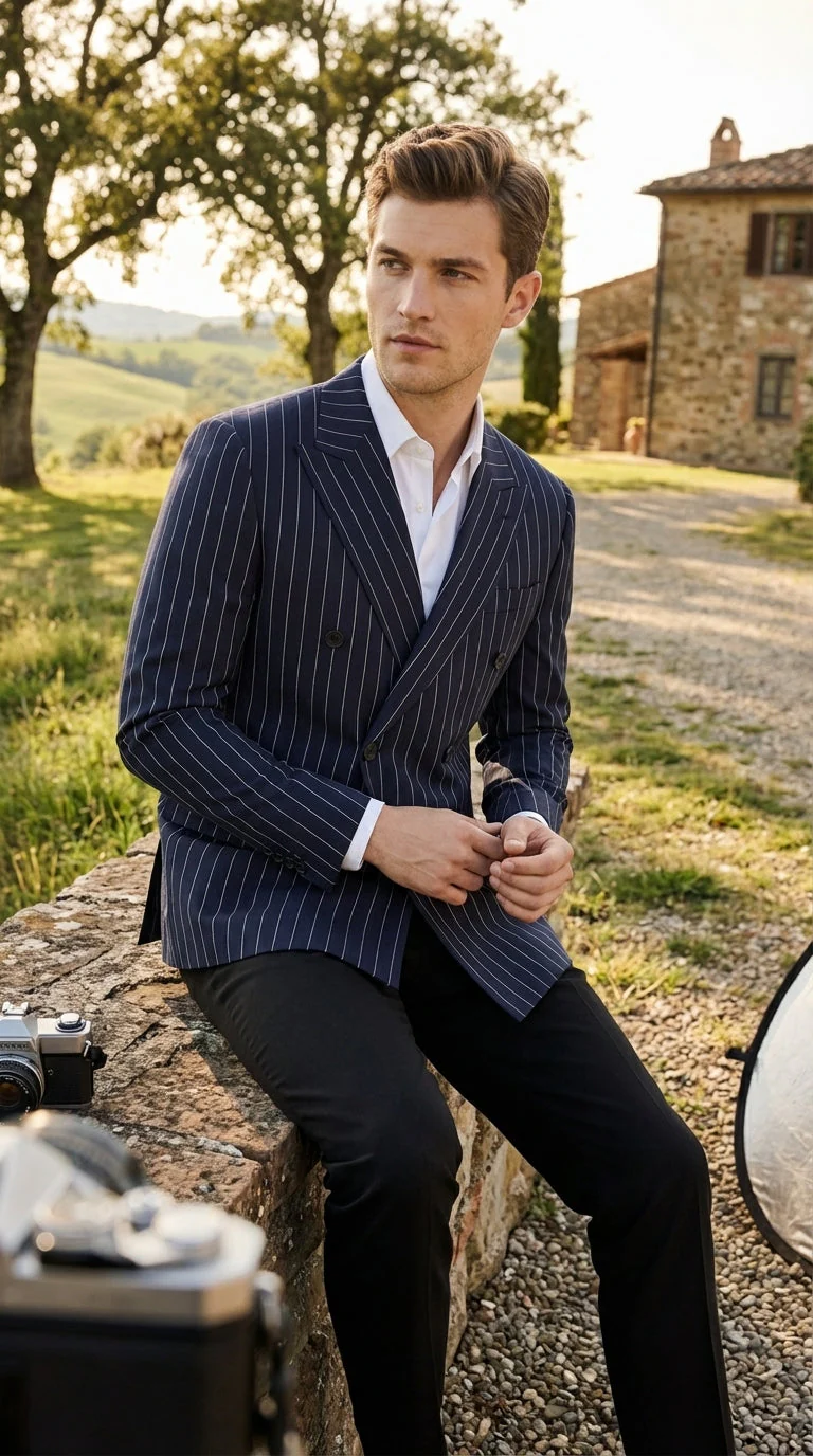Mens Navy Blue Pinstripe Double Breasted Blazer Sport Coat – Classic Formal Business Jacket for Party and Smart Casual Wear - Image 7