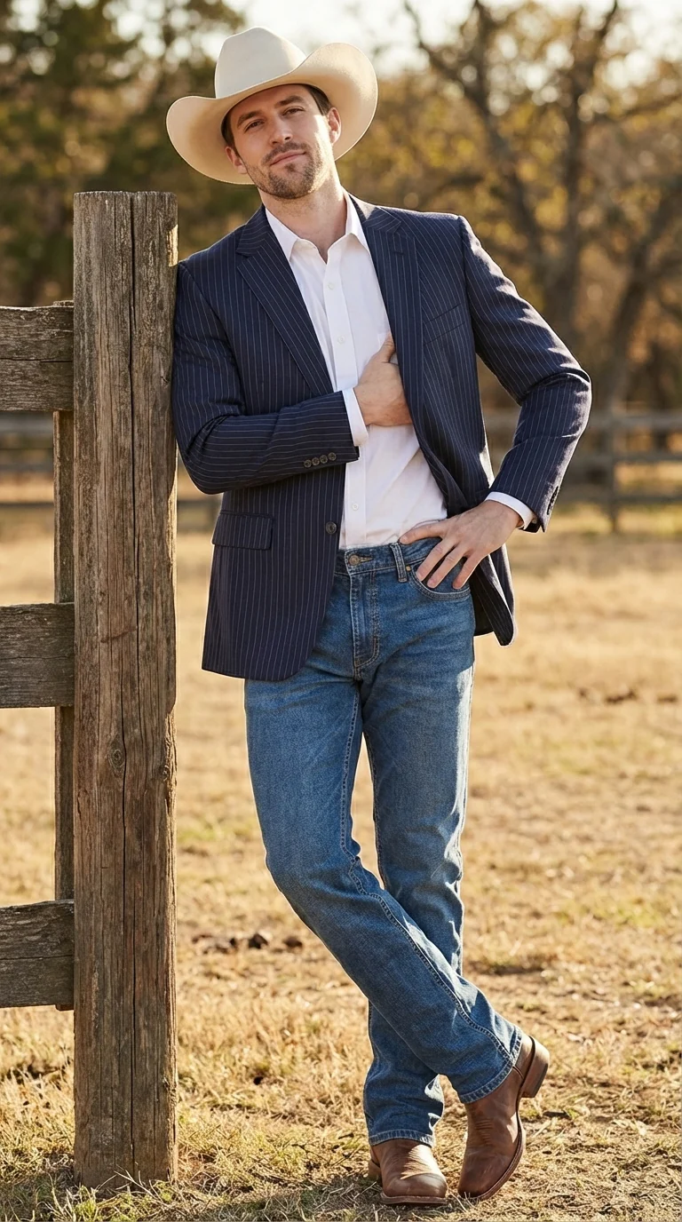 Mens Navy Blue Pinstripe Western Blazer – Classic Cowboy Style Jacket for Business, Formal and Smart Casual Wear - Image 2