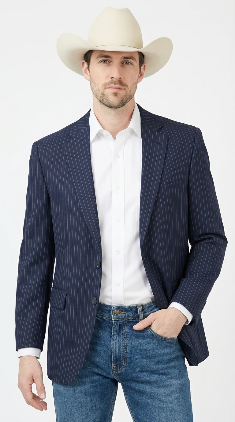 Mens Navy Blue Pinstripe Western Blazer – Classic Cowboy Style Jacket for Business, Formal and Smart Casual Wear - Image 3