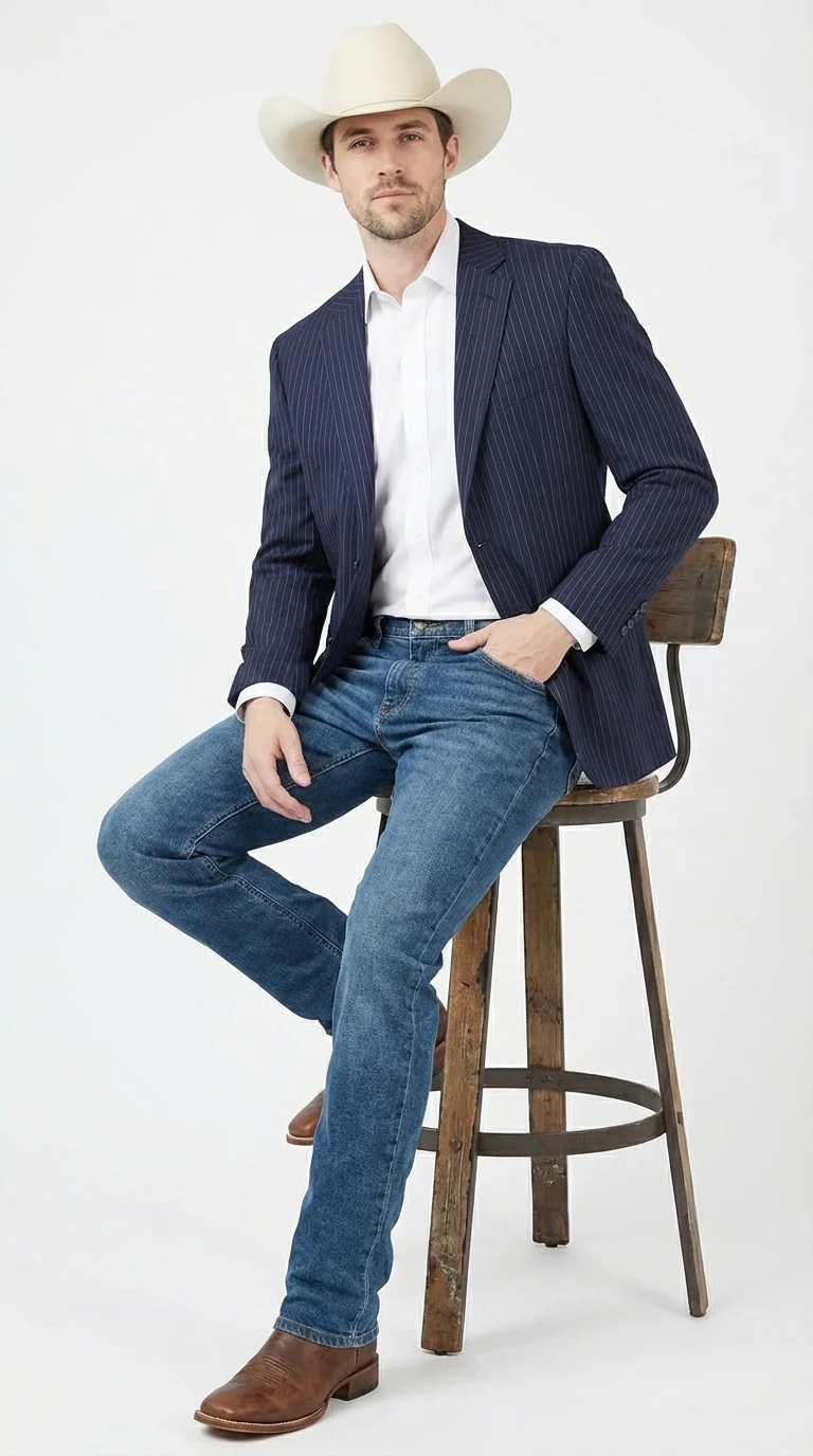 Mens Navy Blue Pinstripe Western Blazer – Classic Cowboy Style Jacket for Business, Formal and Smart Casual Wear - Image 5