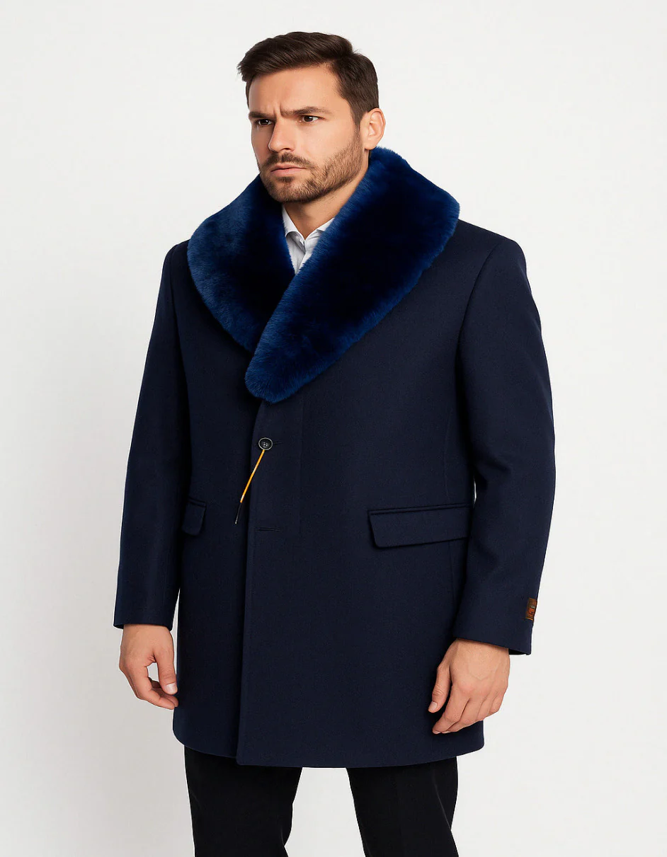 Mens Navy Wool Overcoat with Royal Blue Faux Fur Shawl Collar Cashmere Carcoat - Image 2