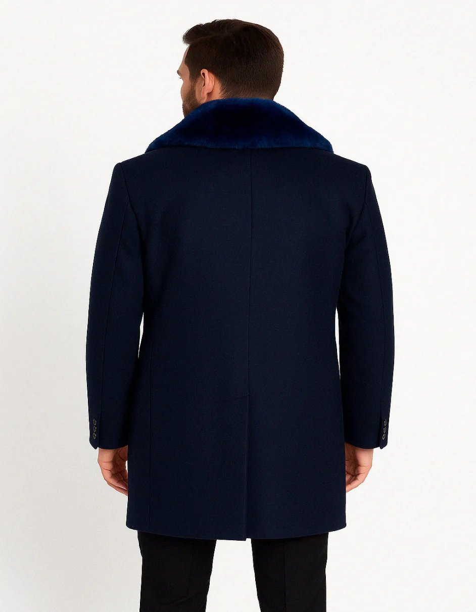 Mens Navy Wool Overcoat with Royal Blue Faux Fur Shawl Collar Cashmere Carcoat - Image 3