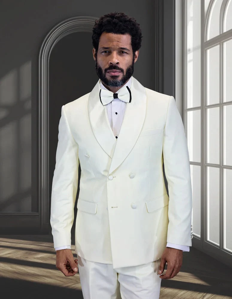 Mens Off-White Double Breasted Tuxedo Jacket with Shawl Lapel | Formal Wedding Suit in Ivory Cream Color - Image 6