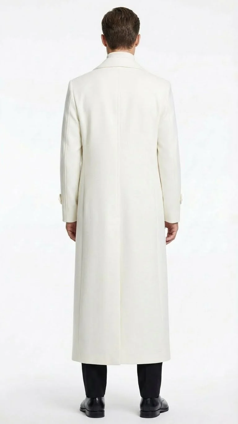 Mens Off-White Long Trench Coat – Overcoat with Classic Clean Design Duster Maxi Coat in Ivory Color - Image 2