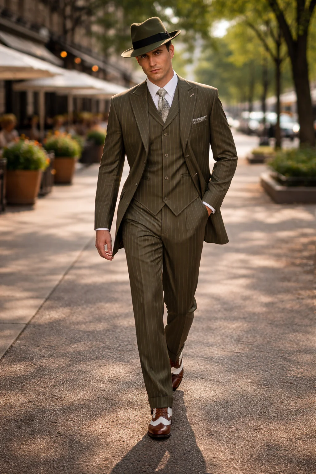 Mens Olive Green Pinstripe Zoot Suit – 1920s Gangster Vintage 3-Piece Suit for Formal and Themed Events - Image 10