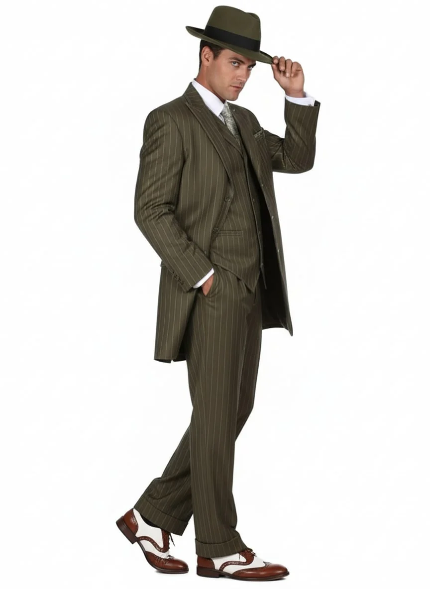 Mens Olive Green Pinstripe Zoot Suit – 1920s Gangster Vintage 3-Piece Suit for Formal and Themed Events - Image 2